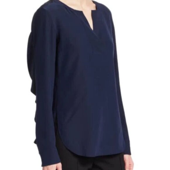 New AKRIS Punto Silk Denim Blue V Neck Ruffle Sleeve Top Blouse 4 - Picture 3 of 9